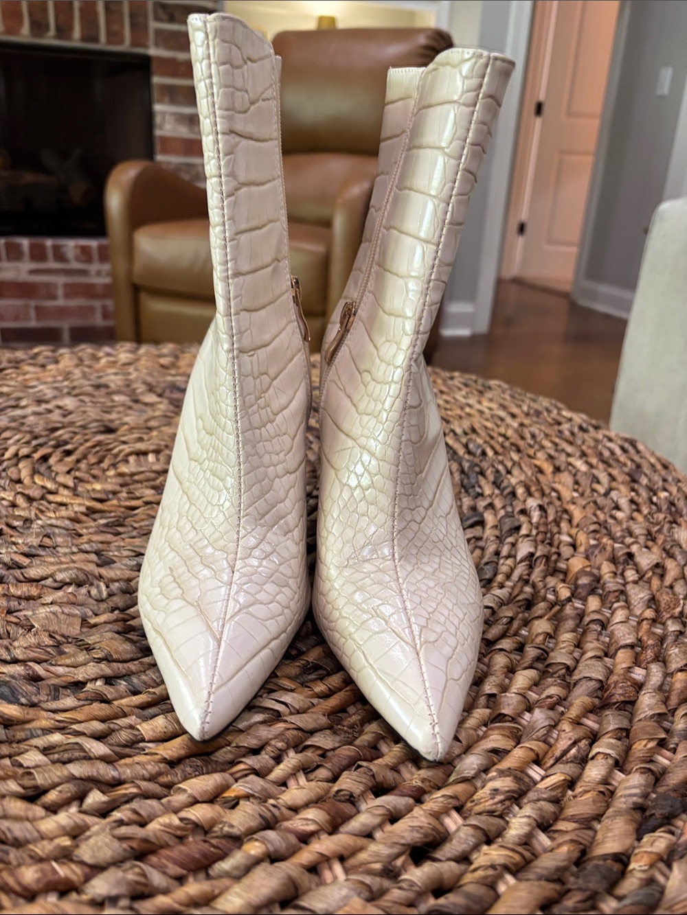 Billini Cream Croc-Embossed Pointed Ankle Booties